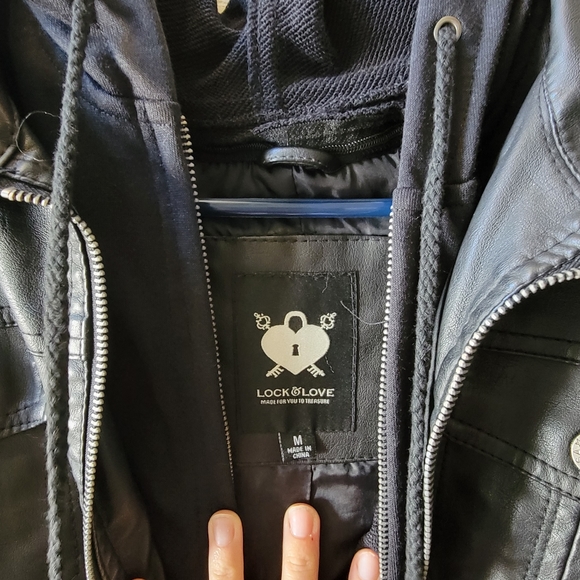 Faux leather black jacket with removable hoodie insert - Picture 3 of 4